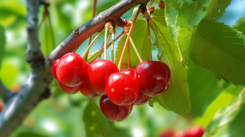 樱桃树上有一群成熟的红樱桃和绿叶夏天阳光明媚的花园有樱桃树,高清,摄影图,摄影图片,图片大全,摄影图免费下载